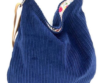 Large Corduroy Crossbody Hobo Bag: Royal Blue Cloth Purse, Adjustable Strap