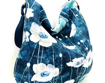Handmade Floral Canvas Hobo Bag: Slouchy Crossbody with Zipper, Washable
