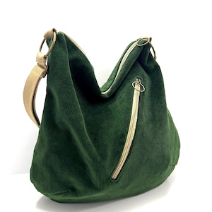 Bolso bandolera de pana verde con cremalleras, bolso hobo para primavera, bolso de tela lavable, bolso de hombro de tela, bolso plegable holgado