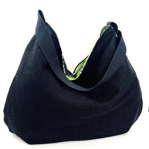 grand sac hobo en lin noir, sac fourre-tout réutilisable, sac à main lavable à bandoulière, sacoche réversible en tissu, sac de marché pliable en tissu