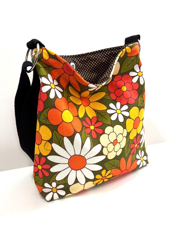 Slouchy 70's Purse, Washable Cotton Crossbody Bag, Floral Shoulder