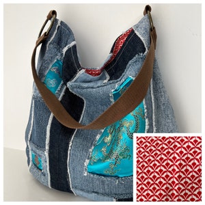 large denim hobo bag, large shoulder bag, cotton slouchy bag, washable jeans purse, Jeans bag, Boho purse, cotton purse, patchwork denim bag