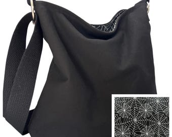 Black Canvas Crossbody Bag: Washable Cloth Purse, Gothic Fabric, Choose Your Lining