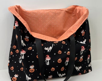 Cotton Halloween Bag, Reusable Shopping Bag, Cotton Shopping Bag, Washable Grocery Bag, Reversible Trick to Treat Bag, Cloth Grocery Bag