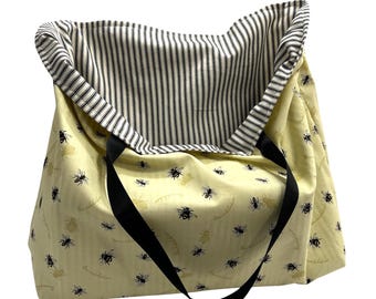 Black Ticking Stripe Tote Bag: Reversible Bumblebee Market Bag