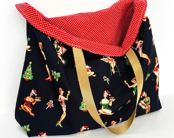 Reversible Cotton Pin Up Girl Holiday Shopping Bag: Red, Black & Gold Christmas Tote