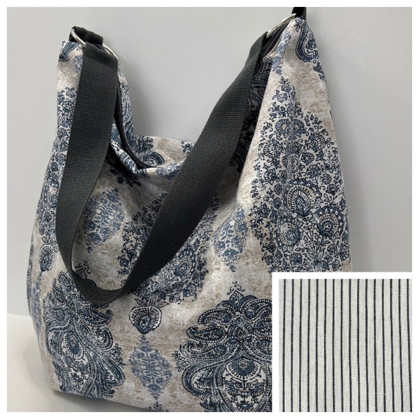 Canvas hobo bag with zippers, over the shoulder bag, cloth slouchy bag, washable purse, shoulder purse, Boho purse, canvas purse, floral bag