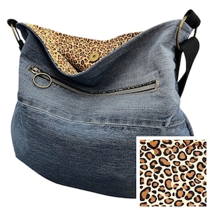 Upcycled Denim Crossbody Hobo Bag: Handmade Leopard Print Purse