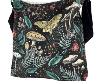 Floral Luna Moth Cloth Crossbody Bag: Washable Cotton Travel Purse