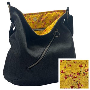 Black Denim Crossbody Hobo Bag:  Handmade Purse with Cherry Blossom Cotton Print, Adjustable Strap