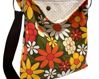 Floral Cotton Crossbody Bag: 70s Style Slouchy Purse, Groovy Daisy Print