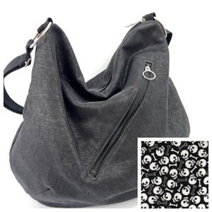 Skull Denim Crossbody Hobo Bag: Goth Glam Rock Purse, Handmade