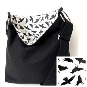 Black Canvas Crossbody Bag: Washable Cloth Purse, Raven/Crow Design