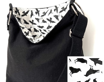 Black Canvas Crossbody Bag: Washable Cloth Purse, Raven/Crow Design