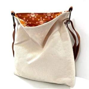 upcycled canvas crossbody bag with outside pocket, washable cloth shoulder bag, foldable travel purse, slouchy purse, recycled canvas purse