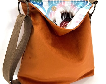 Slouchy Velvet Crossbody Bag: Handmade Orange Shoulder Purse