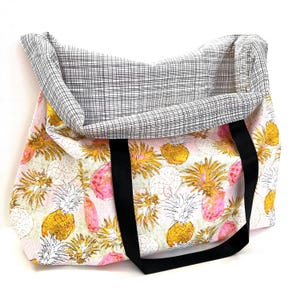 foldable reusable cotton shopping bag, washable cloth grocery bag, reversible fabrics tote bag, funky tropical printed cotton market bag,