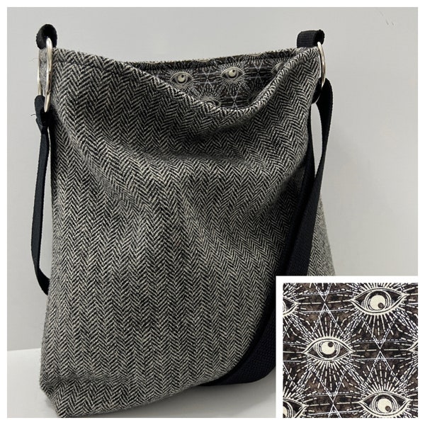 Washable Crossbody Bag, Herringbone  Wool Purse, Vacation Purse, Mod Cloth Purse, Over the Shoulder Purse, Washable wool purses and bags