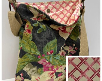 canvas crossbody bag, shoulder bag, washable purse, vacation purse, canvas crossbody purse, tapestry print purse, large floral canvas purse