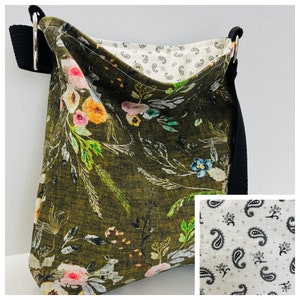 denim crossbody purse, washable purse, foldable purse, slouchy bag, cloth crossbody bag, shoulder bag, travel bag, floral printed cotton