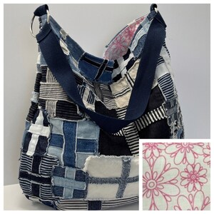 large denim hobo bag, shoulder bag, cotton slouchy bag, washable jeans purse, jeans bag, large cotton purse, recycled patchwork denim bag