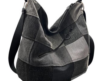 Black Patchwork Denim Hobo Bag: Crossbody Purse with Zippers, Adjustable Strap, Choose the Lining