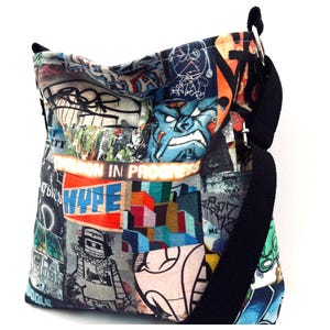 slouchy denim crossbody purse, washable cloth shoulder purse, foldable cotton travel bag, purses for raves, gift for them, graffiti art bag