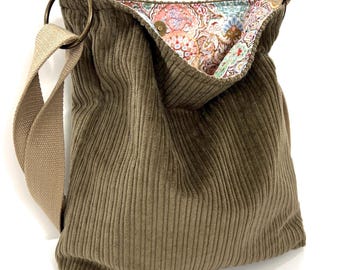 Slouchy Corduroy Crossbody Bag: Washable Fabric Shoulder Purse