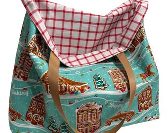 Reversible Gingerbread House Christmas Shopping Bag: Washable Cotton Tote, Extra Large