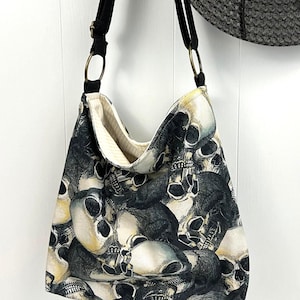 gothic crossbody purse, slouchy canvas crossbody bag, washable shoulder purse with outside pocket, gift for them, handmade bag with skulls