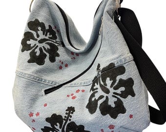 Upcycled Denim Crossbody Hobo Bag, Handmade Slouchy Shoulder Bag, Hibiscus Flower