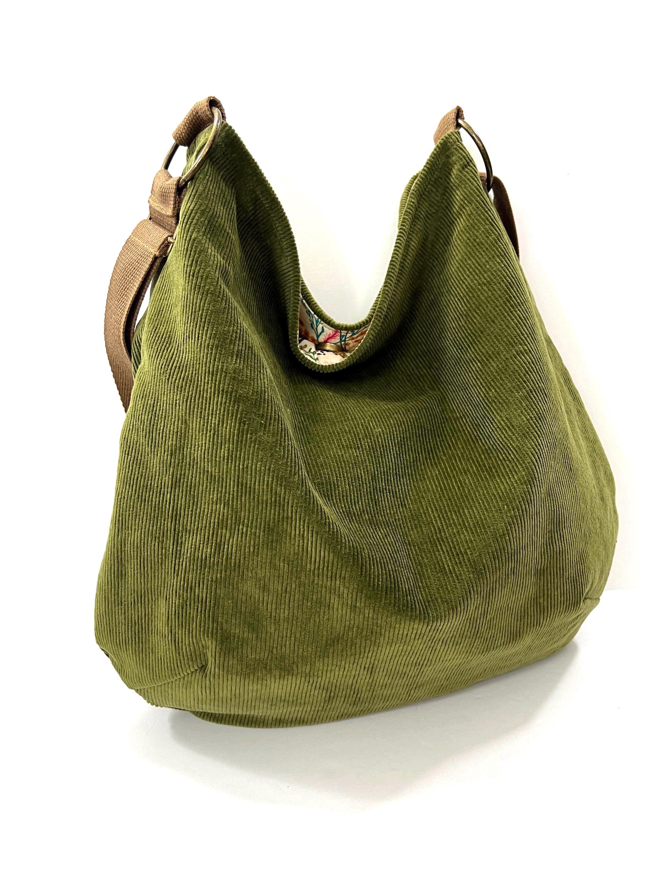 Moss Green Corduroy Crossbody Hobo Bag: Washable Cloth Shoulder Bag