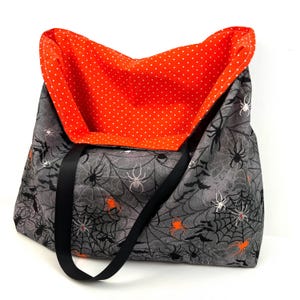 reusable shopping bag, washable cotton grocery bag, reversible market tote bag, oversized spider trick or treat bag, Halloween gift bags