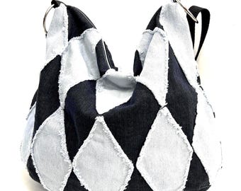 Upcycled Denim Crossbody Hobo Bag: Harlequin Patchwork Jeans Purse