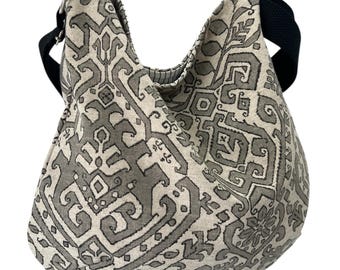 Slouchy Linen Canvas Hobo Bag, Printed Cotton, Washable Shoulder Purse