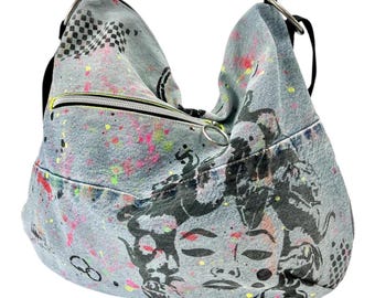 Neon Paint Splatter Denim Crossbody Bag, Upcycled Jean Hobo Purse, Medusa Image