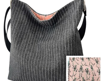 Black Pin Striped Denim Crossbody Bag: Handmade Slouchy Purse, Choose Your Gothic Print Lining