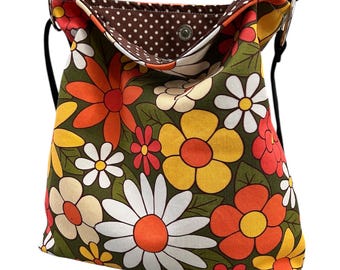 Floral Cotton Crossbody Bag: 70s Style Slouchy Purse