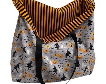 reusable shopping bag, washable cotton grocery bag, reversible market tote bag, oversized Witch trick or treat bag, Halloween gift bags