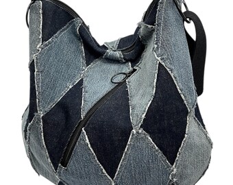 Harlequin Patchwork Denim Hobo Bag: Crossbody Purse with Zippers, Adjustable Strap