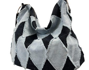 Harlequin Patchwork Denim Hobo Bag: Crossbody Purse with Zippers, Adjustable Strap