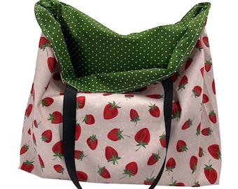 Strawberry Print Cotton Tote Bag: Reversible Washable Grocery Bag