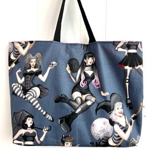Pin Up Witch Reversible Cotton Shopping Bag: Reusable Grocery Tote