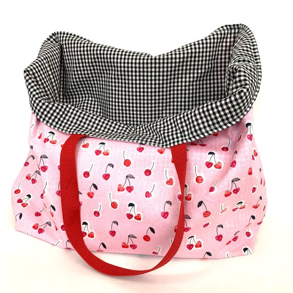 Handmade Reversible Gingham Cotton Shopping Bag: Cherries and Check Print Market Tote