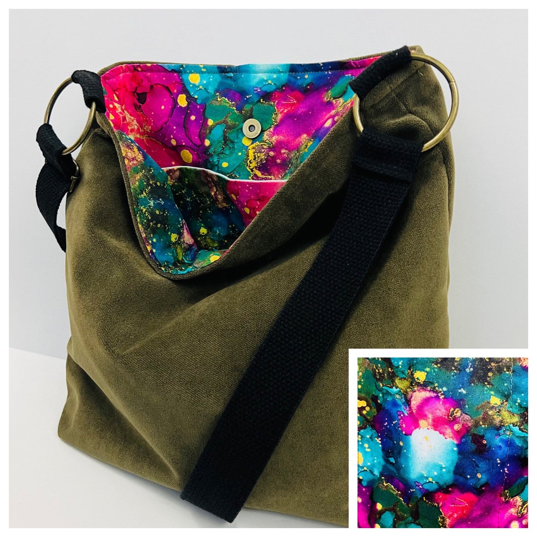 Green Velvet Crossbody Bag, Washable Cloth Purse, Cloth Over the