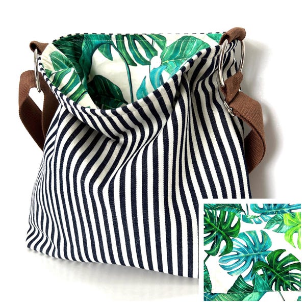 slouchy denim crossbody purse, washable shoulder bag, Gift for Her, striped denim crossbody bag, gift for plant lover, philodendron bag