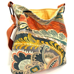 slouchy floral canvas crossbody purse, cloth shoulder bag, washable cotton purse, floral canvas travel bag, water color print fabric purse