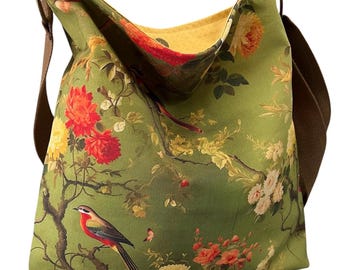 Victorian Birds Cotton Crossbody Bag: Handmade Slouchy Purse, Adjustable Strap