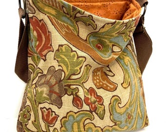 Slouchy Floral Linen Crossbody Bag: Upcycled Vintage Fabric, Adjustable Strap