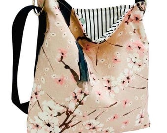 Powder Pink Denim Crossbody Bag: Asian Floral Print, Cherry Blossoms, Washable Cotton Spring Purse